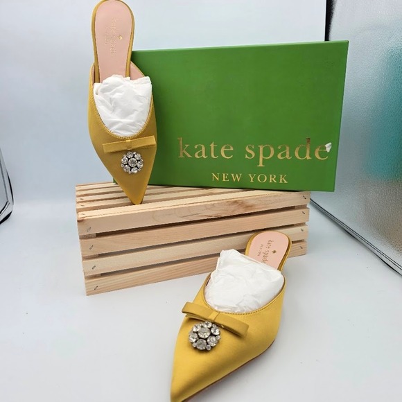 Kate Spade New York Shoes - Kate Spade Darlene Mules Women 6.5 Yellow Satin Crystal Bow Kitten Heel S4101115